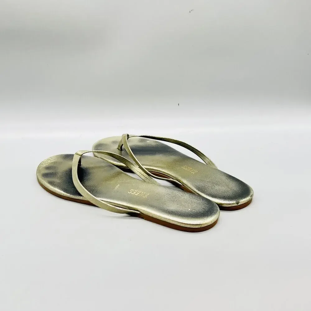 TKEES Sandals Womens 7 Gold Strappy Leather Flip Flop Thong Flat Casual Shoes